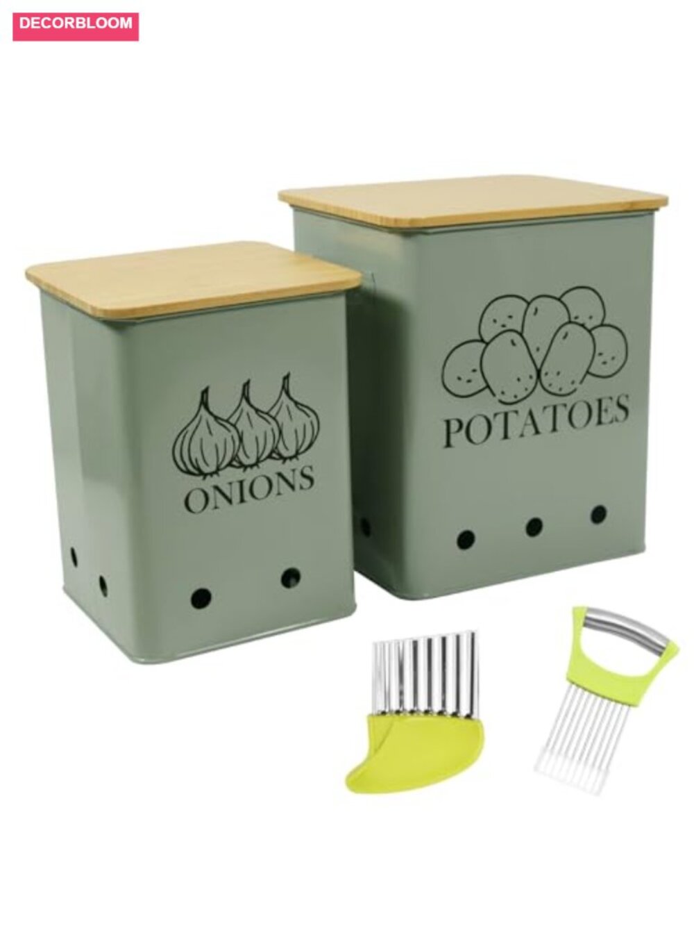 Metal Potato Onion Storage Bin Set with Wooden Lid Slicer Cutter